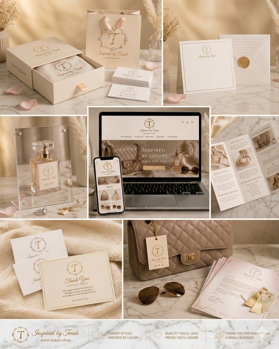 Inspired by Teeah — complete brand ecosystem: website, bags, business cards, packaging